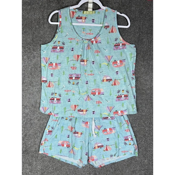 Mia Lucce Pajamas Set CAMPING VACATION Womens Size Large Tank Top & Shorts - Picture 1 of 14